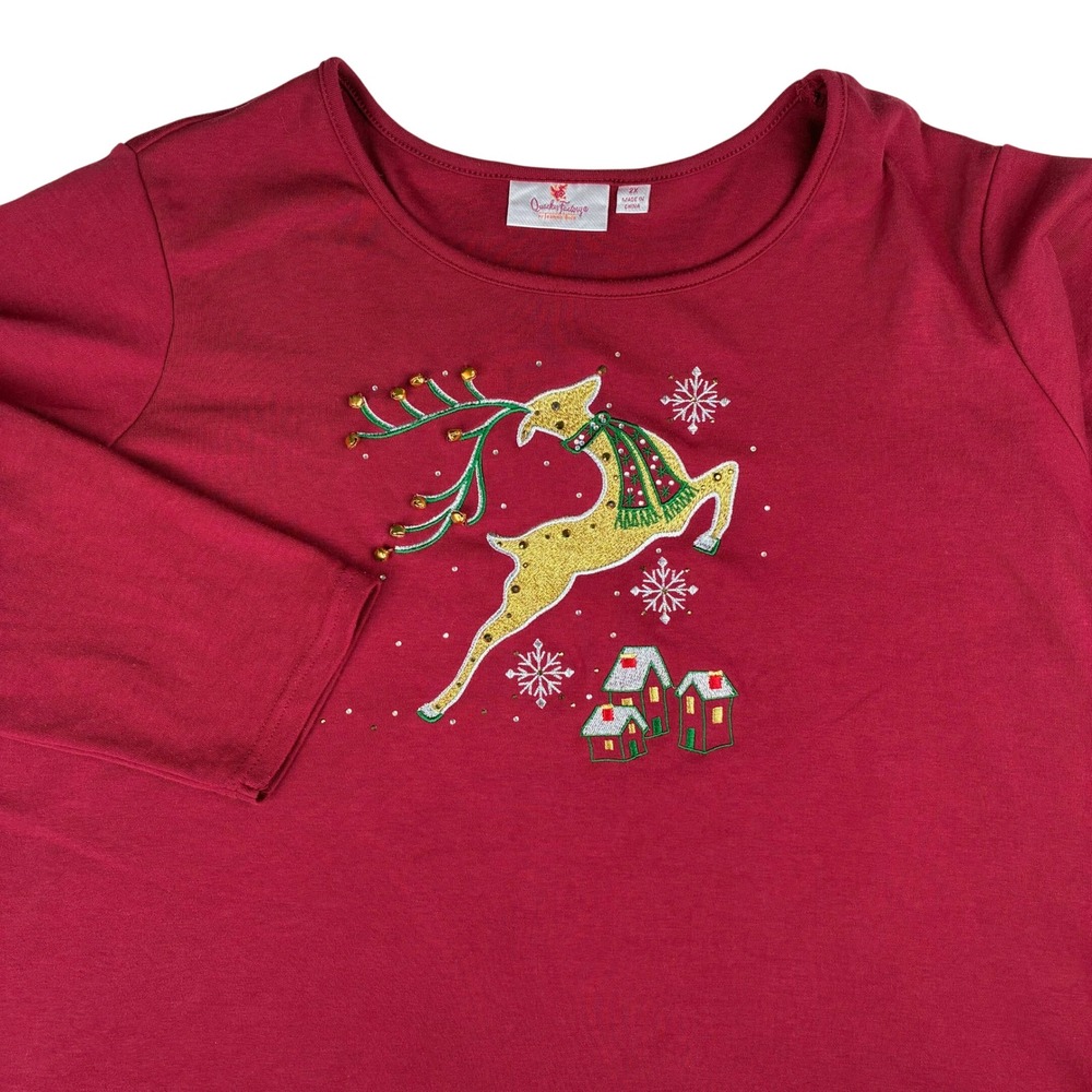 Quacker Factory Christmas Top 2X‎ Red Reindeer Embroidered Jingle Bells Festive